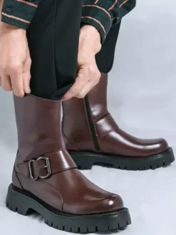 Mens Short Boots Chunky Sole Steel Buckle Leather Shoes With Anti-Slip Tread Casual Rugged Footwear
