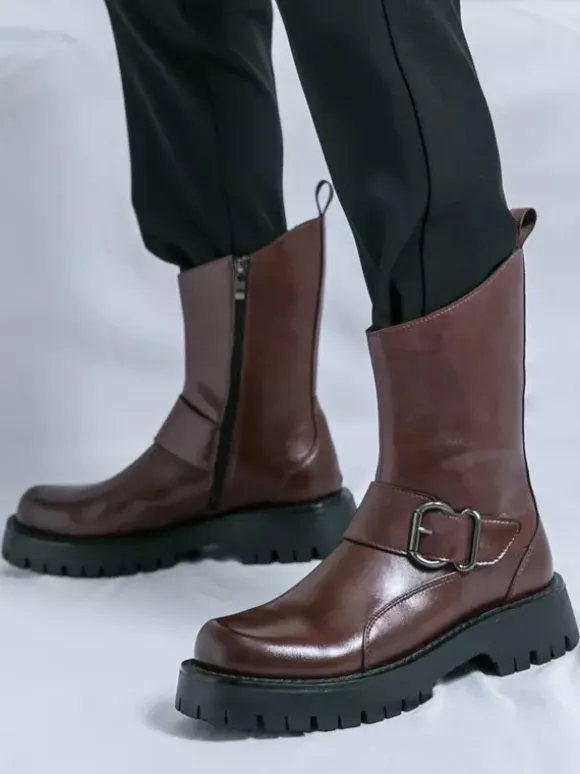 Mens Short Boots Chunky Sole Steel Buckle Leather Shoes With Anti-Slip Tread Casual Rugged Footwear