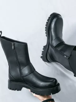 Mens Short Boots Chunky Sole Steel Buckle Leather Shoes With Anti-Slip Tread Casual Rugged Footwear