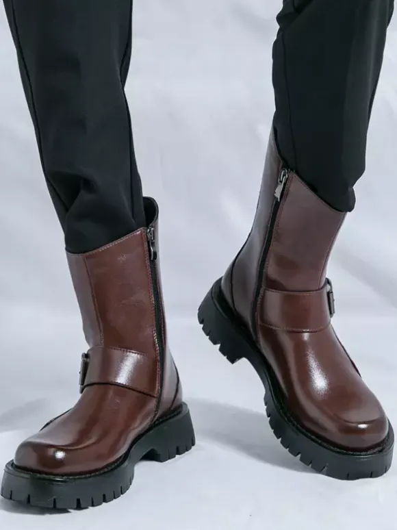 Mens Short Boots Chunky Sole Steel Buckle Leather Shoes With Anti-Slip Tread Casual Rugged Footwear