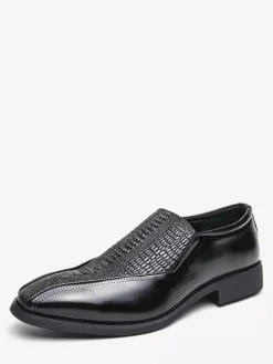 Mens Slip On Loafer Classic Leather Print Chunky Low Heel Dress Penny Shoes Retro Pointed Toe Comfortable Lightweight Anti-Slip Low-Top