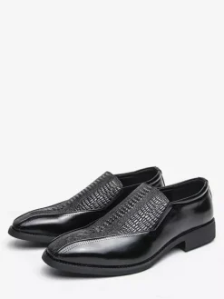 Mens Slip On Loafer Classic Leather Print Chunky Low Heel Dress Penny Shoes Retro Pointed Toe Comfortable Lightweight Anti-Slip Low-Top
