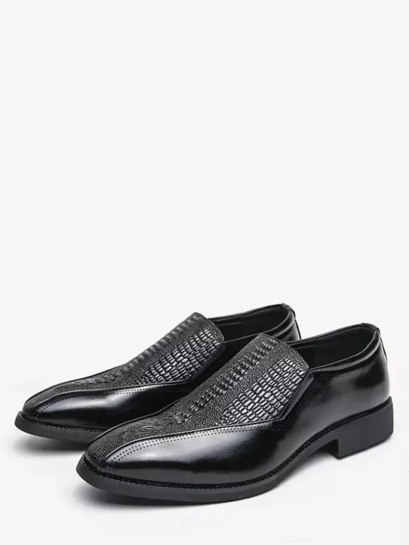 Mens Slip On Loafer Classic Leather Print Chunky Low Heel Dress Penny Shoes Retro Pointed Toe Comfortable Lightweight Anti-Slip Low-Top