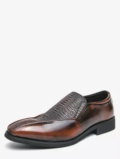 Mens Slip On Loafer Classic Leather Print Chunky Low Heel Dress Penny Shoes Retro Pointed Toe Comfortable Lightweight Anti-Slip Low-Top