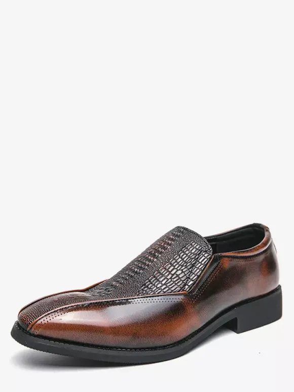 Mens Slip On Loafer Classic Leather Print Chunky Low Heel Dress Penny Shoes Retro Pointed Toe Comfortable Lightweight Anti-Slip Low-Top