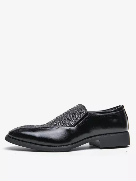 Mens Slip On Loafer Classic Leather Print Chunky Low Heel Dress Penny Shoes Retro Pointed Toe Comfortable Lightweight Anti-Slip Low-Top
