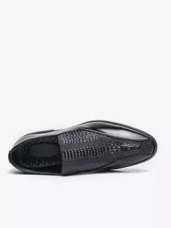 Mens Slip On Loafer Classic Leather Print Chunky Low Heel Dress Penny Shoes Retro Pointed Toe Comfortable Lightweight Anti-Slip Low-Top