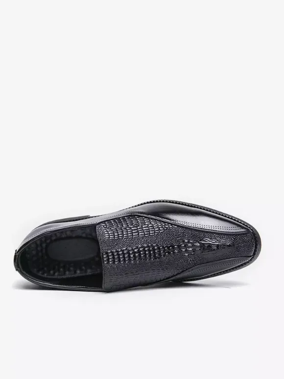 Mens Slip On Loafer Classic Leather Print Chunky Low Heel Dress Penny Shoes Retro Pointed Toe Comfortable Lightweight Anti-Slip Low-Top