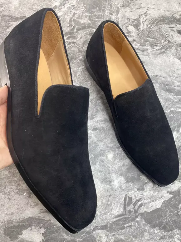 Mens Slip On Loafer Square Toe Suede Balck Penny Shoes