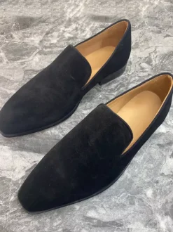 Mens Slip On Loafer Square Toe Suede Balck Penny Shoes