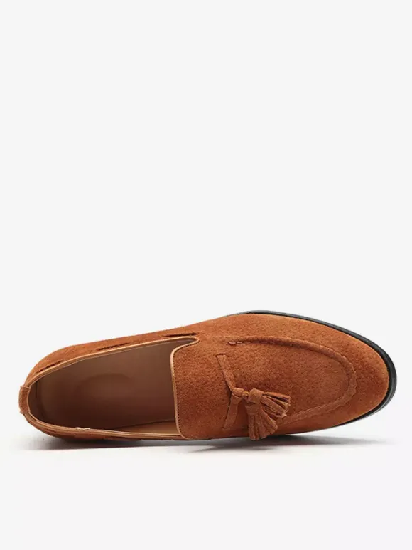 Mens Suede Tassel Loafers Pointed Toe Low Heels Smoking Shoes Slip On Tassels Penny Shoes