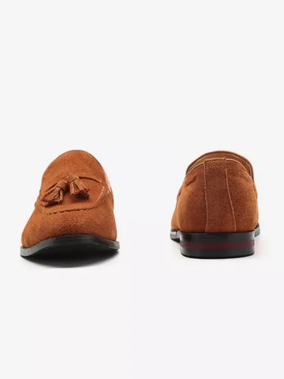 Mens Suede Tassel Loafers Pointed Toe Low Heels Smoking Shoes Slip On Tassels Penny Shoes