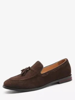 Mens Suede Tassel Loafers Pointed Toe Low Heels Smoking Shoes Slip On Tassels Penny Shoes