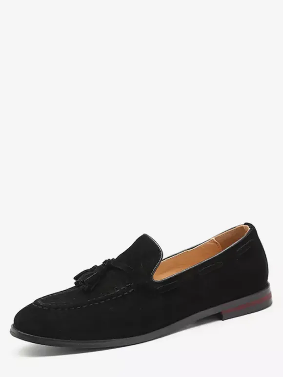 Mens Suede Tassel Loafers Pointed Toe Low Heels Smoking Shoes Slip On Tassels Penny Shoes