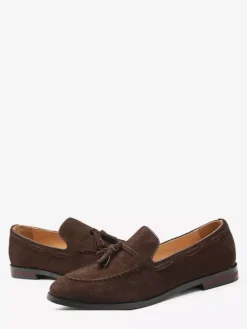 Mens Suede Tassel Loafers Pointed Toe Low Heels Smoking Shoes Slip On Tassels Penny Shoes