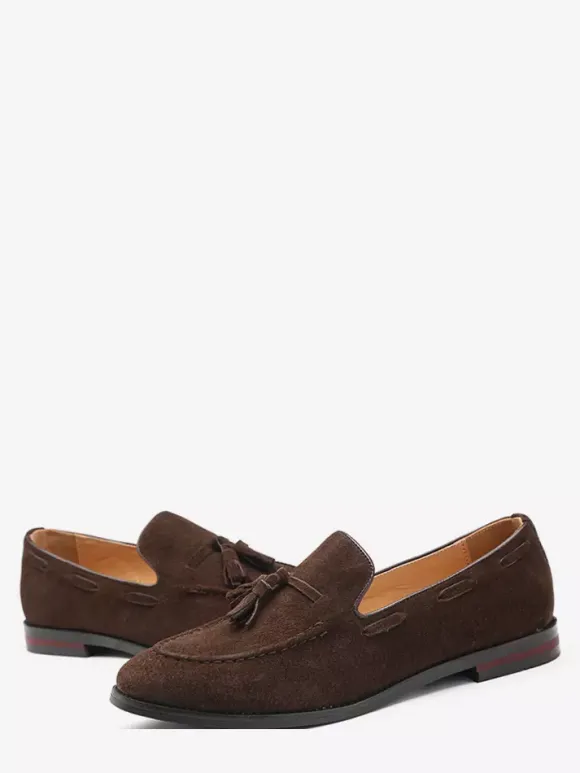 Mens Suede Tassel Loafers Pointed Toe Low Heels Smoking Shoes Slip On Tassels Penny Shoes