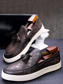 Mens Tassel Loafer Genuine Leather Flat Shoes Banquet Party Dress Shoes