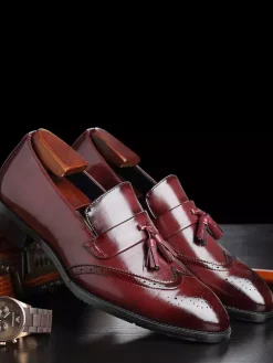 Mens Tassel Loafer Slip On Pointed Toe Wingtips Brogue Shoes Low Heels Penny Loafers