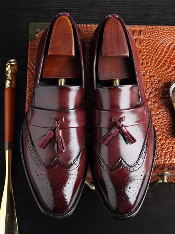 Mens Tassel Loafer Slip On Pointed Toe Wingtips Brogue Shoes Low Heels Penny Loafers