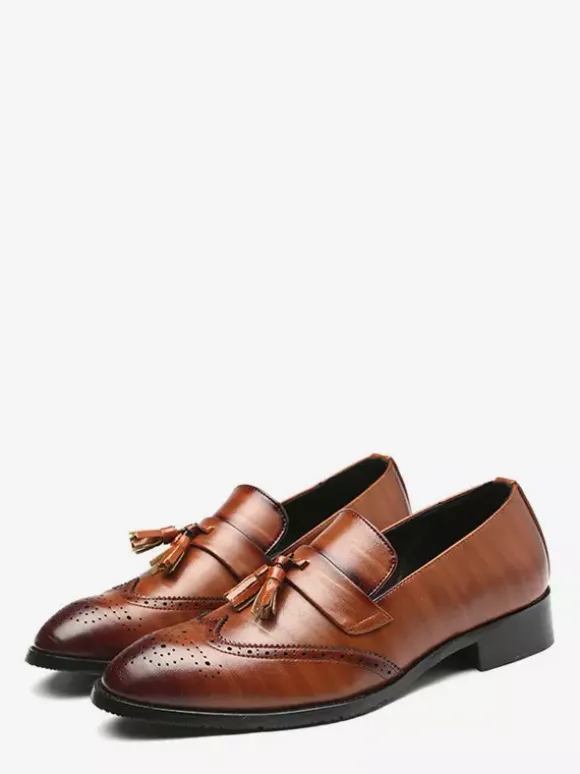 Mens Tassel Loafer Slip On Pointed Toe Wingtips Brogue Shoes Low Heels Penny Loafers