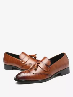 Mens Tassel Loafer Slip On Pointed Toe Wingtips Brogue Shoes Low Heels Penny Loafers