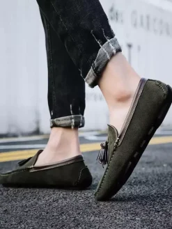 Mens Tassel Loafers Green Suede Moccasin Driving Slip-On Shoes