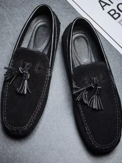 Mens Tassel Loafers Green Suede Moccasin Driving Slip-On Shoes