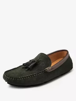 Mens Tassel Loafers Green Suede Moccasin Driving Slip-On Shoes