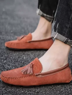 Mens Tassel Loafers Green Suede Moccasin Driving Slip-On Shoes
