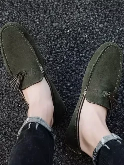 Mens Tassel Loafers Green Suede Moccasin Driving Slip-On Shoes