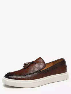 Mens Tassel Loafers Plaid Pattern Leather Slip On Tassel Penny Shoes Round Toe Low Top Platform Chunky Shoes