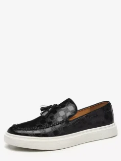 Mens Tassel Loafers Plaid Pattern Leather Slip On Tassel Penny Shoes Round Toe Low Top Platform Chunky Shoes