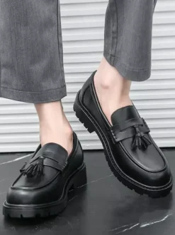 Mens Tassel Loafers Platform Plus Size Grid Slip-On PU Loafer Shoes For Wedding Prom