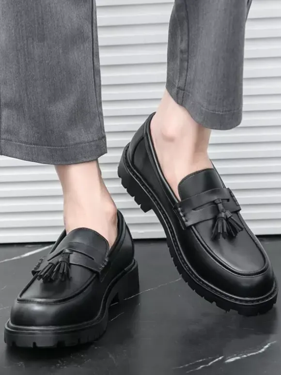 Mens Tassel Loafers Platform Plus Size Grid Slip-On PU Loafer Shoes For Wedding Prom