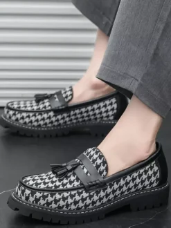 Mens Tassel Loafers Platform Plus Size Grid Slip-On PU Loafer Shoes For Wedding Prom