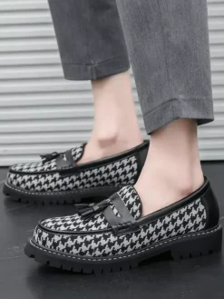 Mens Tassel Loafers Platform Plus Size Grid Slip-On PU Loafer Shoes For Wedding Prom
