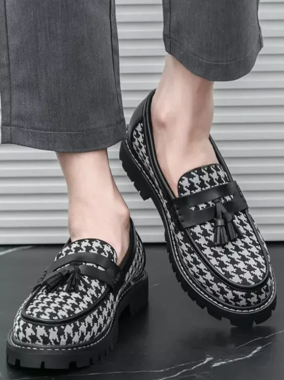 Mens Tassel Loafers Platform Plus Size Grid Slip-On PU Loafer Shoes For Wedding Prom