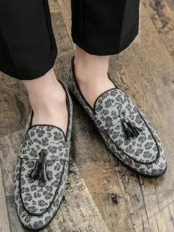 Mens Tassel Loafers Slip-on Penny Shoes Decoration Fashion Breathable White Beaded Formal Wear Casual Shoes