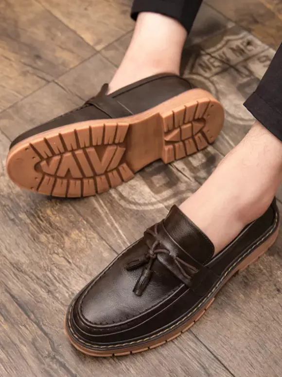 Mens Tassel Loafers Slip-on Decorate Round Toe Thick Sole Penny Shoes
