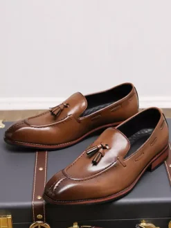 Mens Tassel Loafers Slip-on Low Top Mid Heel Penny Shoes