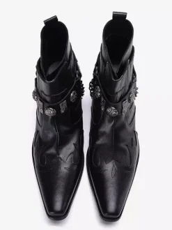 Mens Toe-spring boots Black Pointed Toe mid heel Chains decorate Ankle Boots