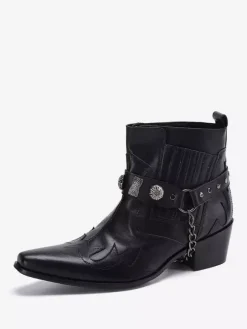 Mens Toe-spring boots Black Pointed Toe mid heel Chains decorate Ankle Boots