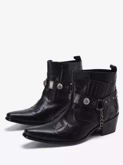 Mens Toe-spring boots Black Pointed Toe mid heel Chains decorate Ankle Boots