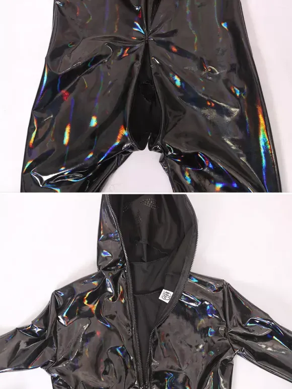 Mens Wetlook Stretchy Zipper Crotch Bodysuit Full Body Catsuit