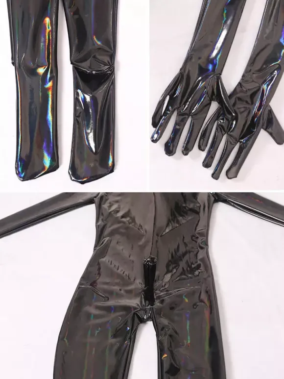 Mens Wetlook Stretchy Zipper Crotch Bodysuit Full Body Catsuit
