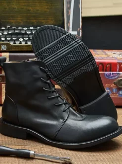 Men's Work Boots Cowhide Chic Coffee Brown Lace Up Martin Boots