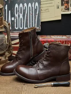Men's Work Boots Cowhide Chic Coffee Brown Lace Up Martin Boots
