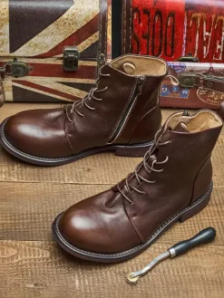 Men's Work Boots Cowhide Chic Coffee Brown Lace Up Martin Boots