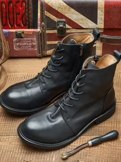 Men's Work Boots Cowhide Chic Coffee Brown Lace Up Martin Boots