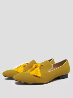 Men's Yellow Tassel Round Toe Suede Loafer Prom Wedding Shoes